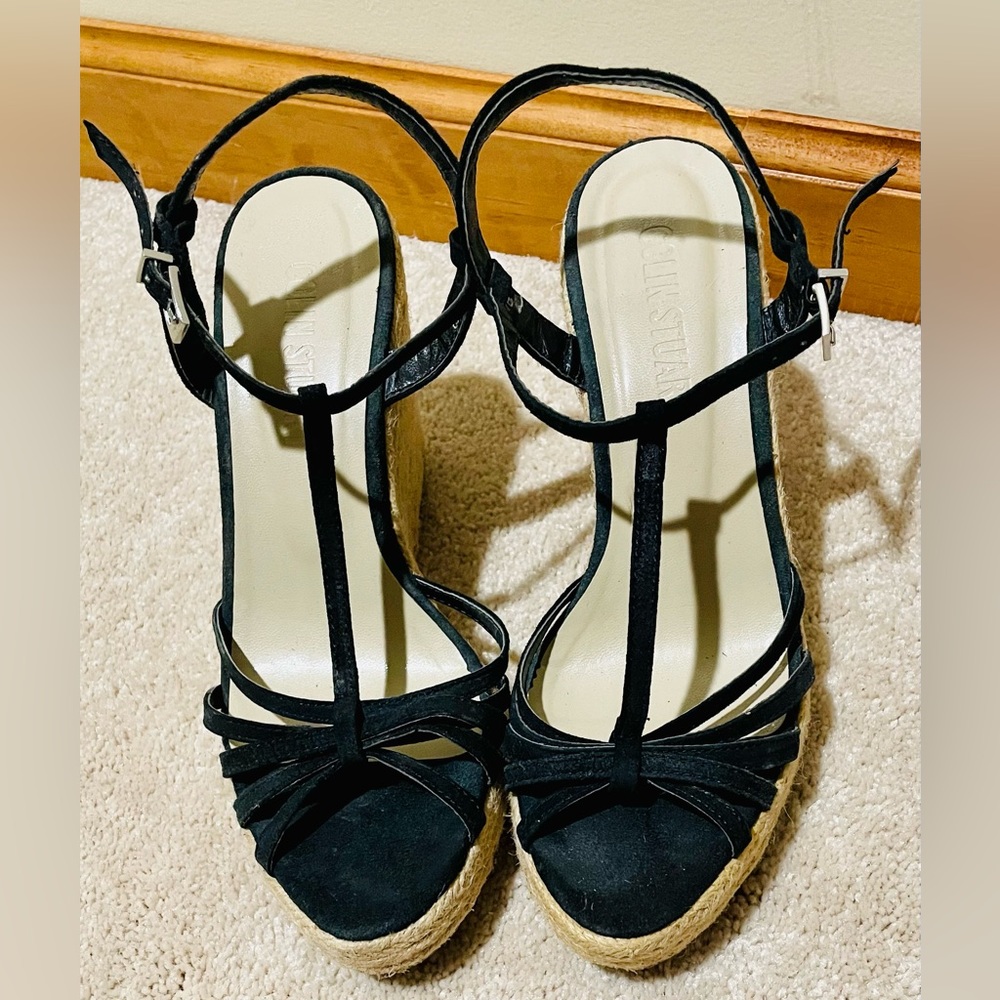 Colin Stuart Black T-strap Espadrille Wedges